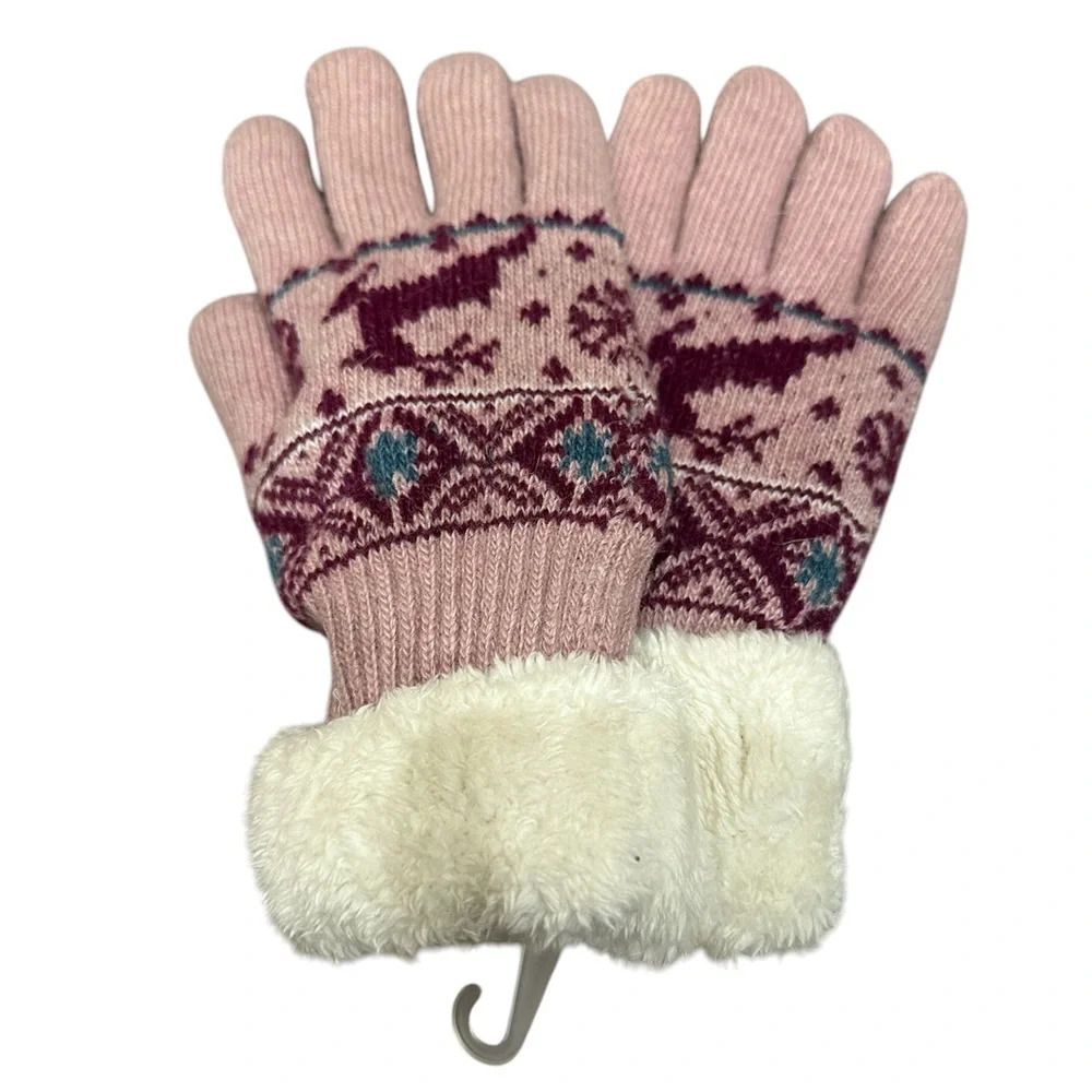 Winter Knit Faux Fur Lined Fair Isle Gloves Cozy Cabin Core Women's Medium